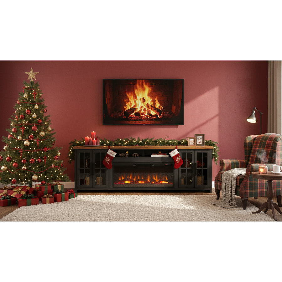 Brixham 97 inch Solid Wood Fireplace TV Stand Console for TVs up to 100 inches, Two-Tone Finish